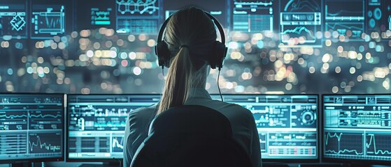 Poster - Theme: Woman working in a system control center gives instructions with the help of headsets. Air traffic control, power plants, security rooms may be the themes.