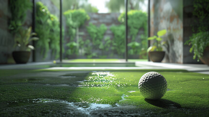 Indoor Golf ball on green turf 