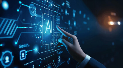 Human & robot touch AI hologram. Future business design. Dark blue background