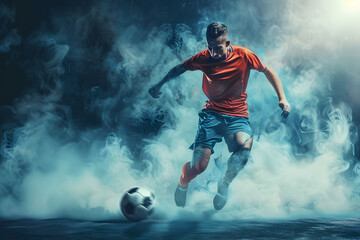 Wall Mural - Young man are playing football in action on background.