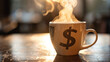 A coffee cup with a dollar sign steam, representing business deals made over coffee.