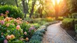 Serene garden path lined with blooming flowers at sunset