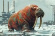 A walrus developing a new ice-based renewable energy source, illustrated in a comedic digital art style This scenario whimsically combines arctic life 