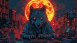 A werewolf hacker accidentally locking himself out of the moon phase control system, stuck in wolf form Style: exaggerated cartoon The werewolf frantically types away at various gadgets, 