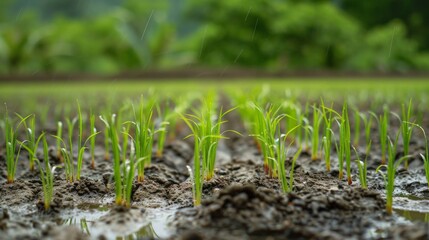 Poster - Sprouts of grass emerging in muddy soil