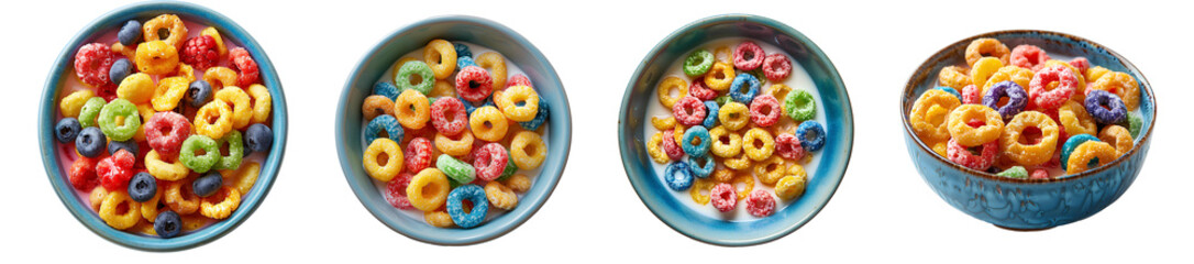 fruit loops cereal bowl set PNG. fruit loops cereal in bowl top view PNG. Colorful cereal in a bowl isolated. Breakfast food PNG