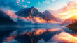 A beautiful landscape image of a lake and mountains in the distance with a pink and blue sky and clouds.