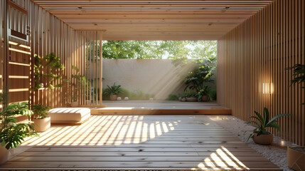 Poster - backyard with a wooden floor and a lot of plants