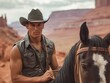A man in a cowboy hat is standing next to a horse in a desert. The man is wearing a leather vest and he is a cowboy. Scene is rugged and adventurous, as the man and horse are in a remote