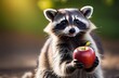 A raccoon eating an apple. Cute wild animal