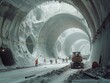 A group of workers are working on a tunnel in the snow. The tunnel is long and narrow, and the workers are using a large machine to help them. Scene is one of hard work and determination