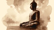 A Tranquil Watercolor Depiction Of Buddha Meditating, Surrounded By Soothing Brown Tones