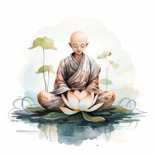 Little Buddha And Lotus Flowers. Watercolor Illustration