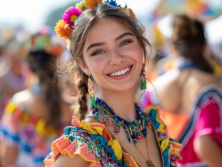 Canvas Print - A woman wearing a colorful outfit and a flower headband is smiling. She is surrounded by other people, some of whom are also wearing colorful outfits. Scene is cheerful and festive