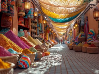 Wall Mural - A colorful market with many different spices and herbs. The spices are in baskets and the market is very busy