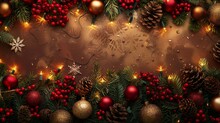 Luxurious Christmas Top View With Trinkets And Gifts In Red, Light Pink, Purple, Cyan, And Deep Yellow On A Pastel Background, Soft Unfocused Golden Lights And Snow Accents, Studio Lighting