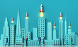 Business people in City watching successful startups, rockets are flying up from the roofs of skyscrapers. 3D rendering