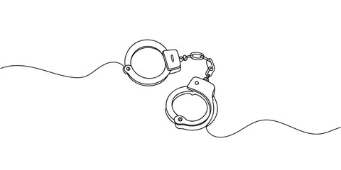 One line continuous drawing design of Handcuffs isolated on white background.