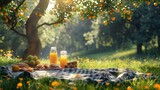 Fototapeta Sport - A serene picnic scene with a checkered blanket and a spread of sandwiches, fruit, and drinks on