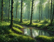Flowing stream, forest clearing in light transparent green tones