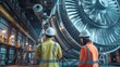 Two engineers looking at a large turbine wide angle lens realistic lighting