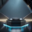 © Atta - A futuristic podium with a dark, glossy surface illuminated by dynamic lighting effects, creating an immersive visual experience against a reflective background.