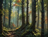 Fototapeta Przestrzenne - Dense forest in autumn illustration