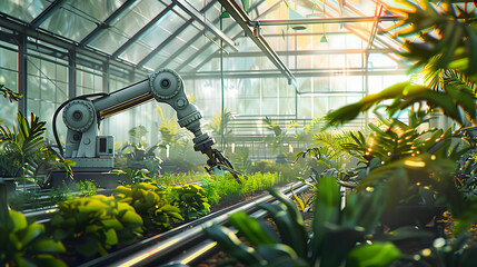 Wall Mural - robotic arm working within a sustainable greenhouse