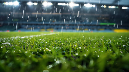 Wall Mural - green grass bottom view of a football stadium in the rain