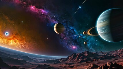 Wall Mural - Video animation of vibrant and colorful space scene viewed from a rocky planetary surface. Multiple celestial bodies are visible, including planets of varying sizes and colors
