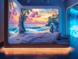 A cuttingedge bed with a holographic display projecting calming natural scenes, from ocean waves to quiet forests, for relaxation before sleep , high detailed