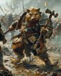 An orcboar creature wielding a massive warhammer, its muscular boarlike body clad in patchwork armor, leading a charge across a muddy battlefield , high detailed