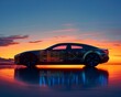 Silhouette of a futuristic car against a sunset, with visible digital air flow graphics and energy efficiency data overlay , professional color grading