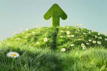 Wall Mural - A green hill with a grassy mound and a green arrow pointing upwards. The hill is covered in flowers, including daisies. Concept of growth and progress, as the arrow represents upward movement