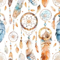 Canvas Print - Watercolor seamless background of delicate boho ornaments, including feathers, beads, and dreamcatchers in soft tones. Seamless Pattern, Fabric Pattern, Tumbler Wrap, Mug Wrap.