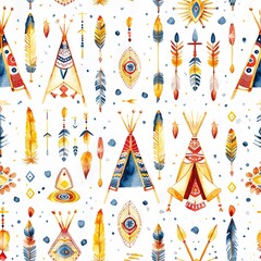 Canvas Print - Seamless watercolor pattern with a boho vibe, consisting of hand-painted arrows, teepees, and spiritual icons. Seamless Pattern, Fabric Pattern, Tumbler Wrap, Mug Wrap.