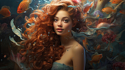 Wall Mural - A woman with long beautiful hair and fishing around her