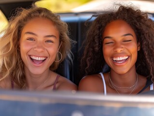 Sticker - Two women are smiling and laughing in a car. They are wearing necklaces and one of them has a hoop earring