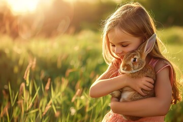 Wall Mural - A young girl is holding a rabbit in her arms