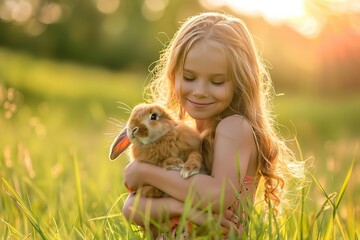 Wall Mural - A young girl is holding a rabbit in her arms