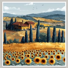 Wall Mural - a painting of a house in a field of sunflowers
