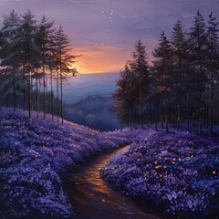 Wall Mural - painting of a purple landscape with a stream running through it
