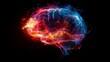 A brain with red and blue colors and a lot of sparks. The brain is surrounded by a lot of fire and smoke