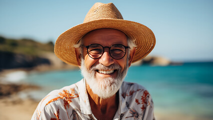 Wall Mural - Happy senior on the beach wearing a straw hat, enjoying summer. Summer vacation.