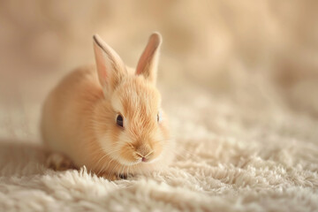 Wall Mural - A small, fluffy rabbit is sitting on a white blanket