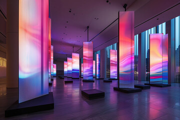 A room with many neon lights and a blue and pink color scheme