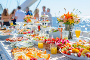 A large table is covered with a variety of food and drinks, including fruit