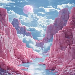 Wall Mural - a pink mountain landscape with a river in the middle