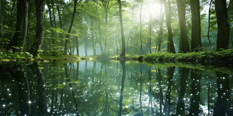 Wall Mural - A forest with a lake in the middle