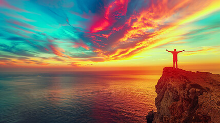 Poster - A man stands on a cliff overlooking the ocean at sunset